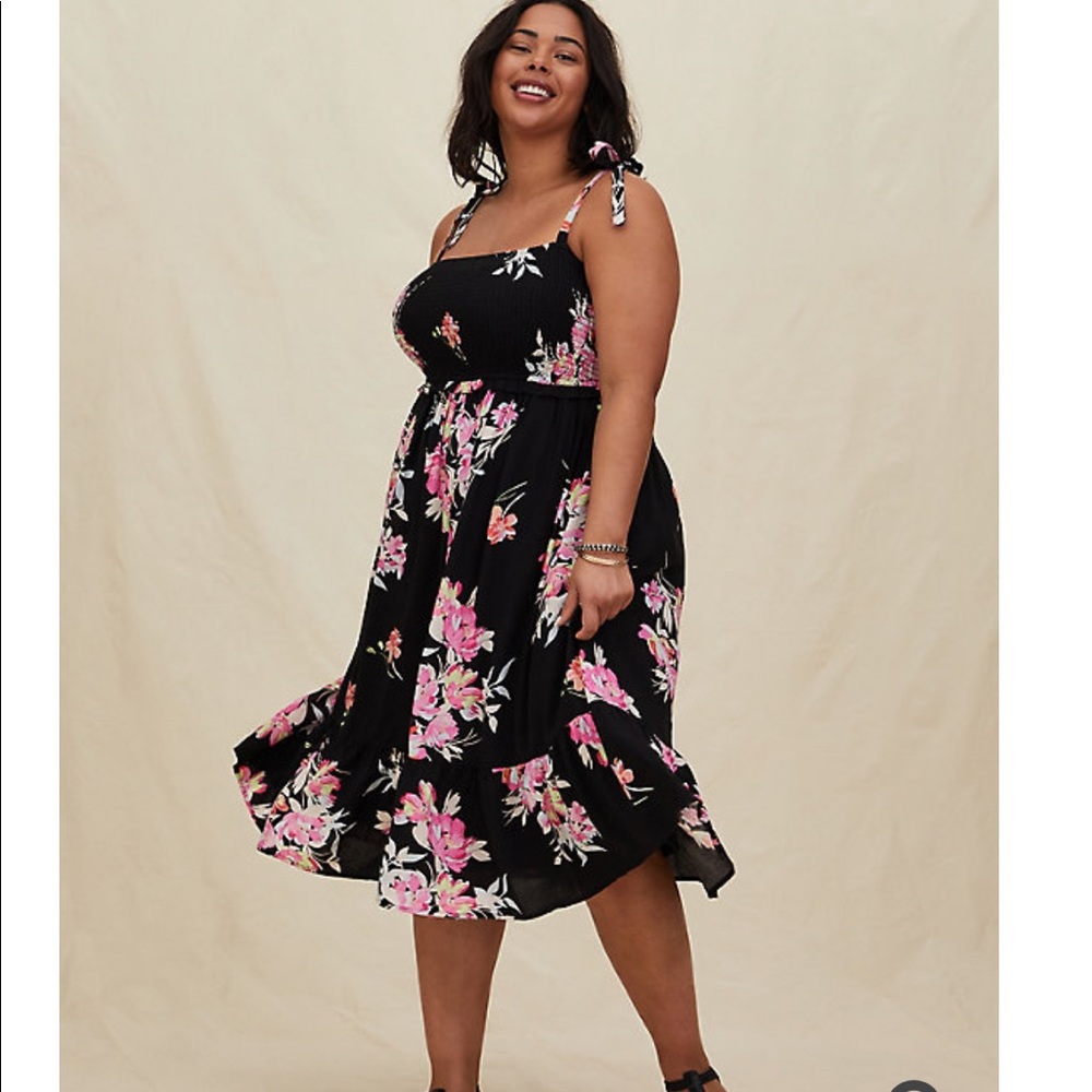 Black Floral Challis Smocked Midi Dress- TORRID
